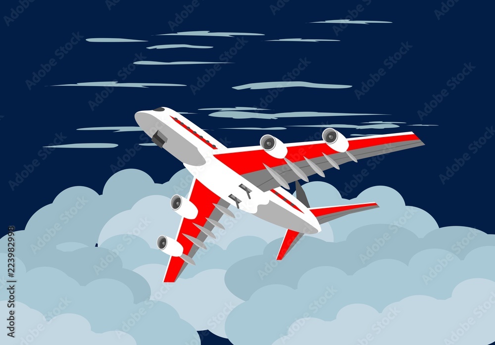  plane flying on blue sky among the clouds , travel concept vector illustration