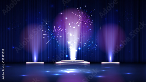 spotlight effect blue scene background with three podiums