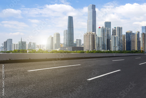 Road pavement and Guangzhou city buildings skyline