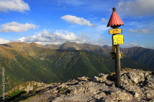 Obraz na płótnie TANAP signe on the top of Sivy vrch and the view on Western Tatra Mountains (Salatin on the left), Slovakia w salonie
