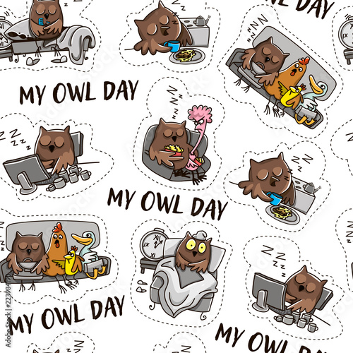 Owl pattern. Owl and the day of the owl. Humorous comics about the life of an owl, day and night.