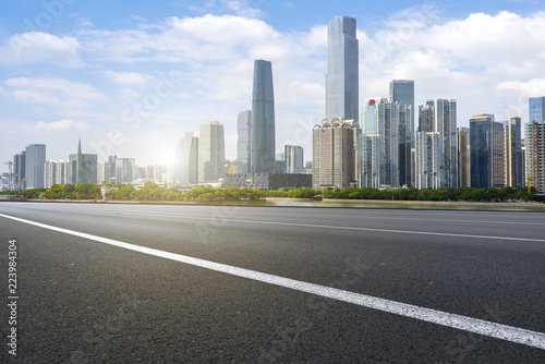 Road pavement and Guangzhou city buildings skyline