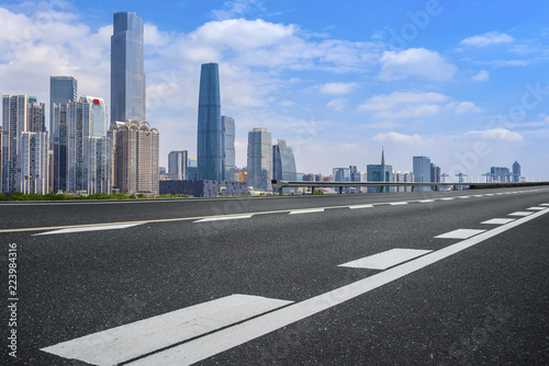 Road pavement and Guangzhou city buildings skyline