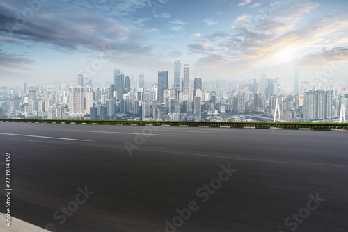 Road pavement and Chongqing urban architecture skyline