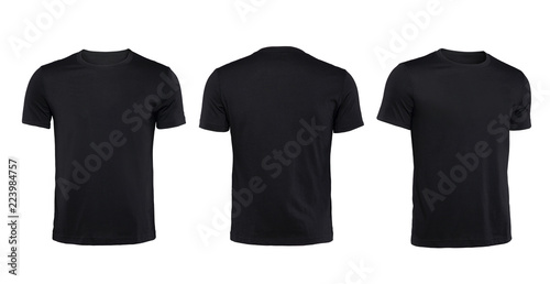 Black T-shirts front ,back and side view isolated on white photo