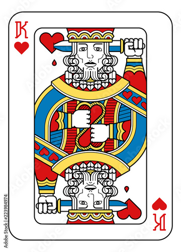 A playing card king of hearts in yellow, red, blue and black from a new modern original complete full deck design. Standard poker size.