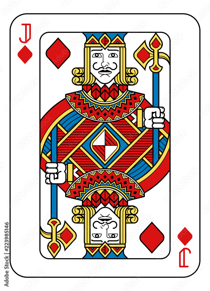 A playing card Jack of Diamonds in yellow, red, blue and black from a