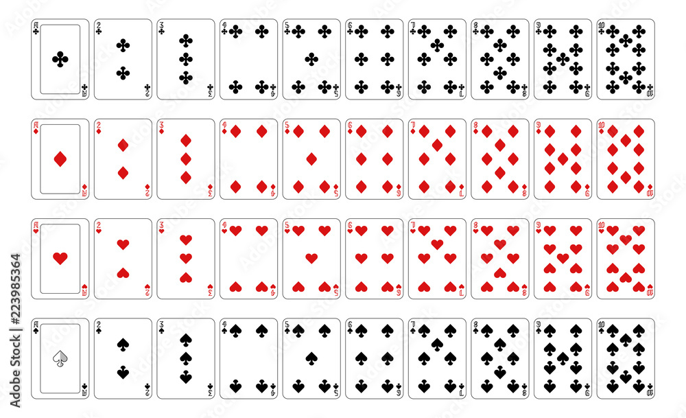 Playing cards deck set of aces and all number cards from 2 to 10 from a