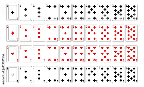 Playing cards deck set of aces and all number cards from 2 to 10 from a new modern original complete full deck design. Standard poker size.