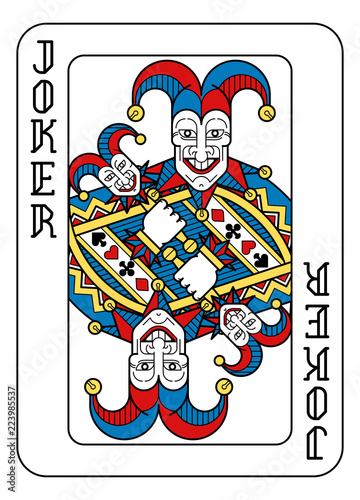 A playing card Joker in yellow, red, blue and black from a new modern original complete full deck design. Standard poker size.