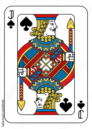 A playing card Jack of Spades in yellow  red  blue and black from a new modern original complete full deck design. Standard poker size.