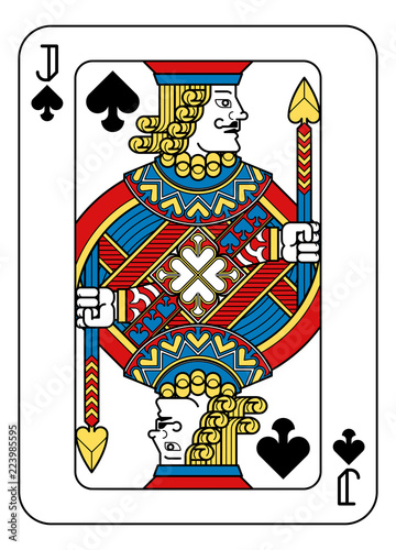 A playing card Jack of Spades in yellow, red, blue and black from a new modern original complete full deck design. Standard poker size.