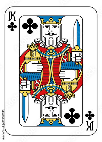 A playing card king of Spades in yellow, red, blue and black from a new modern original complete full deck design. Standard poker size.
