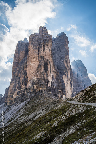A picture of the Tre Cime di Lavaredo (Drei Zimmen) taken from a side, in particular from the side of the Cima Piccola (small peak). in the Sexten Dolomites of northeastern Italy. 