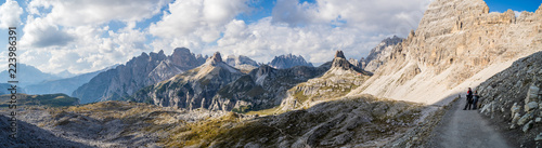 A wide pano shot of the path in the three peaks of Lavaredo (tre cime, drei dimmen) that leads to the Locatelli Refuge