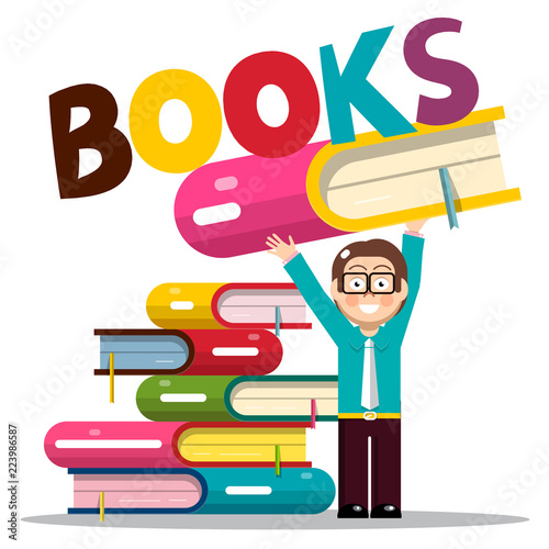 Man Holding Book in Library or Bookstore with Books Title
