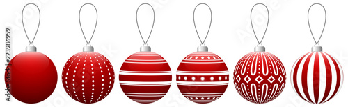 Collection of red glass Christmas balls with pattern hanging on a thread. Vector EPS 10