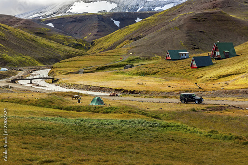 typical green houses with gras roof in iceland