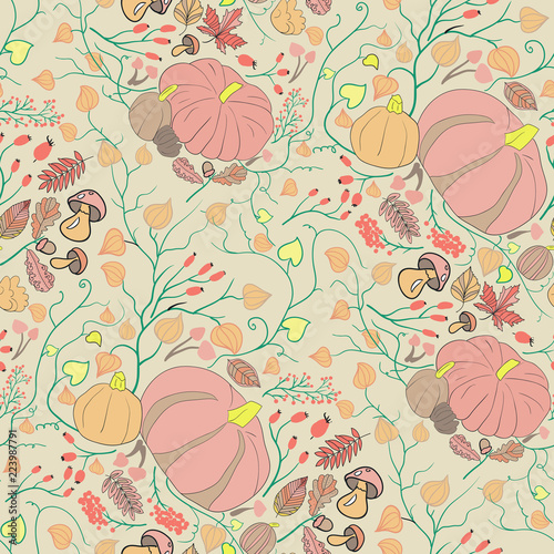Autumn seamless pattern. Bright vector background with plants and pumpkins. © taisiyakozorez