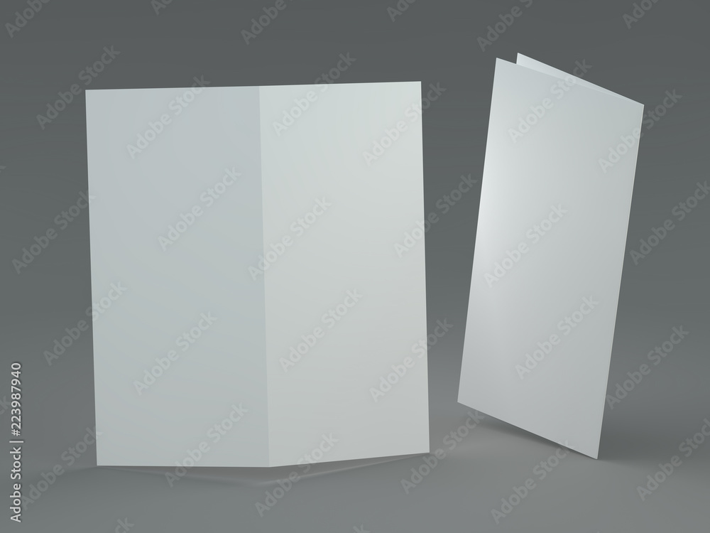 White template leaflet on gray background. Mockup. 3D render White template leaflet on gray background. Mockup. 3D render
