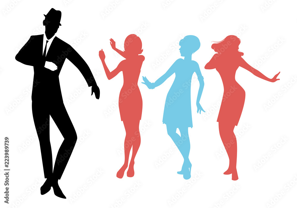 Elegant silhouettes of people wearing clothes of the sixties dancing 60s style isolated on white background