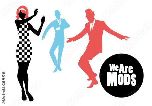 Elegant silhouettes of people wearing clothes of the sixties dancing 60s style isolated on white background