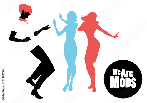 Elegant silhouettes of people wearing clothes of the sixties dancing 60s style isolated on white background
