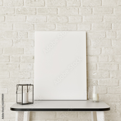 Mock up poster on white brick wall with candles decoration, 3d render, 3d illustration