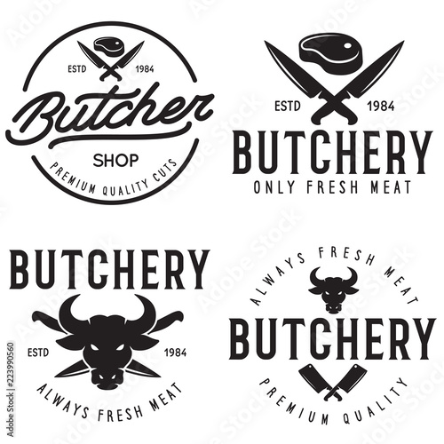 Butcher shop labels badges emblems set. Butchery store advertising design elements collection. Meat shop typography.