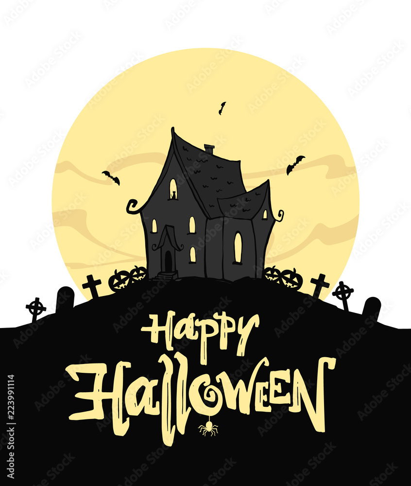 Happy Halloween type lettering composition with silhouette of witch haunted house and pumpkins on moon background.