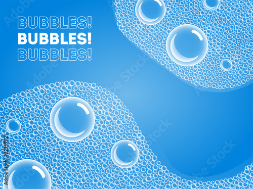 Shampoo Soap Bubbles in Bath or Sud. Vector. Transparent Foam on Blue water background.