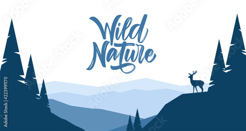 Vector illustration: Flat mountains landscape with hills, pine and silhouette of deer.