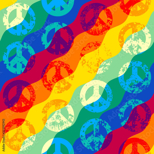 Seamless vector pattern. Abstract background with Peace signs. The sign of pacifists. Grunge vintage effect.