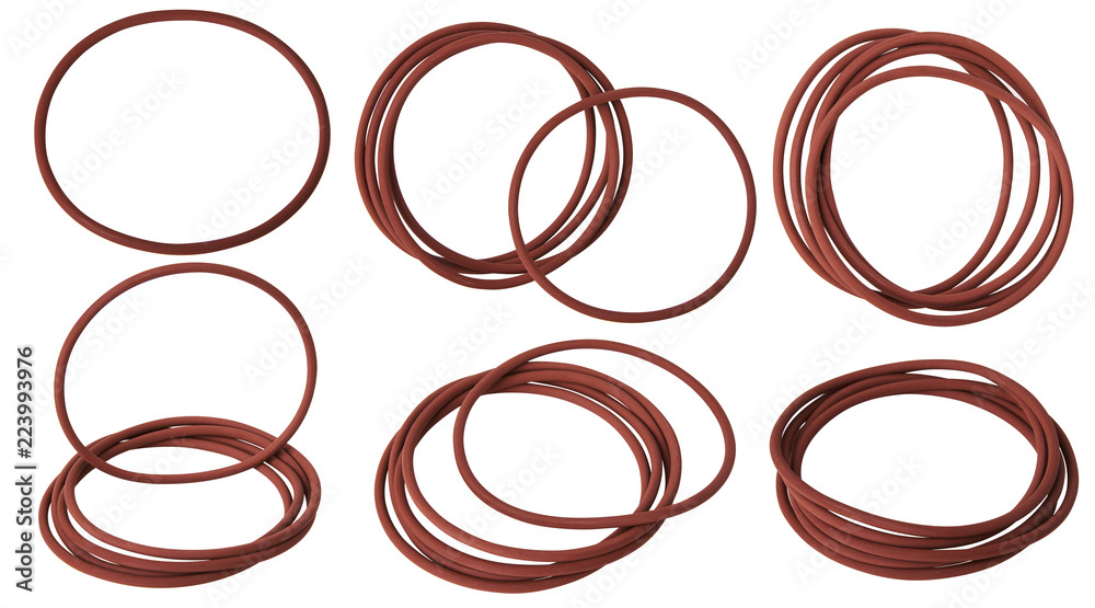 Set of brown hydraulic and pneumatic o-ring seals isolated on a white background. Rubber rings. Sealing gaskets for hydraulic joints. Rubber sealing rings for plumbing. Collection of seals Set of brown hydraulic and pneumatic o-ring seals isolated on a white background. Rubber rings. Sealing gaskets for hydraulic joints. Rubber sealing rings for plumbing. Collection of seals