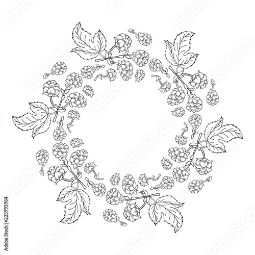 Round hand drawn vintage frame with hop cone on branch with leaves. Beer wreath. Vector isolated design elements.