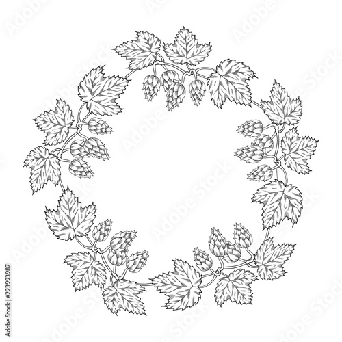 Hand drawn round vintage wreath with hop cone on branch with leaves in engraving style. Beer frame. Vector isolated design elements.