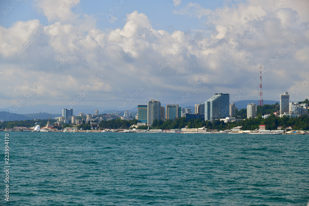 Fototapeta premium view of city from sea side in Sochi, Russia