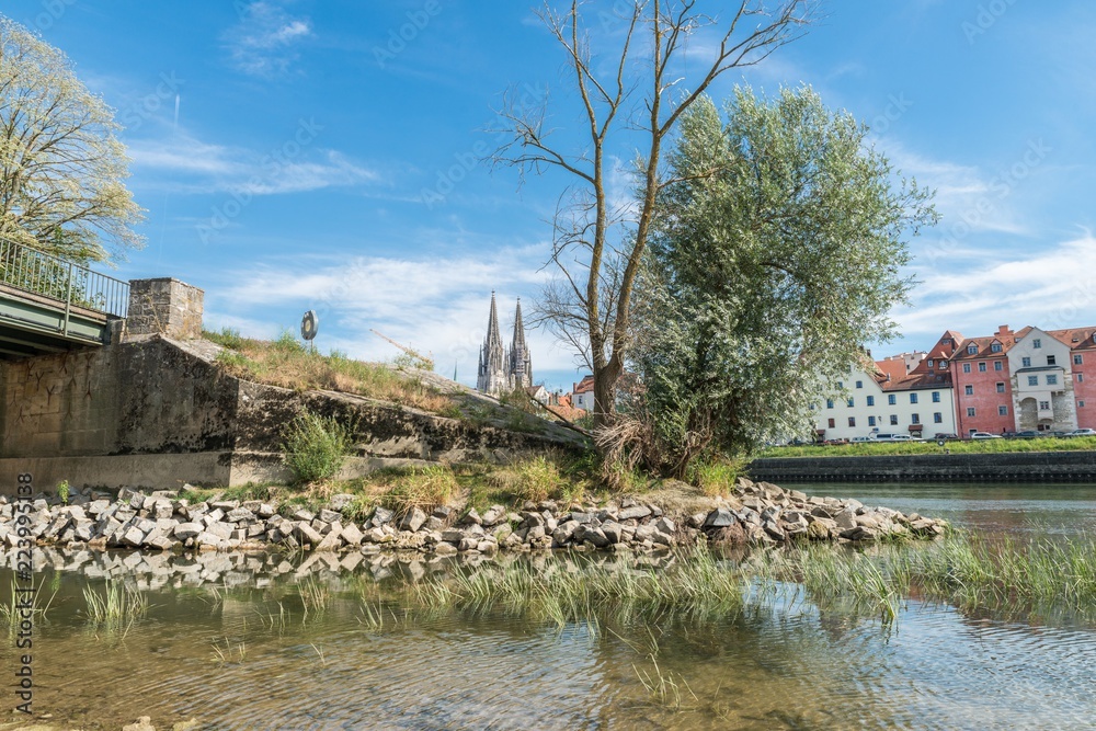 Naklejka premium Niedriger Wasserpegel der Donau mit Blick auf den Dom in Regensburg, Deutschland
