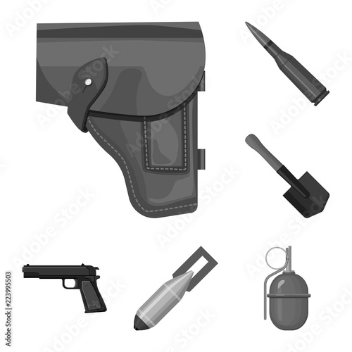 Army and armament monochrome icons in set collection for design. Weapons and equipment vector symbol stock web illustration.