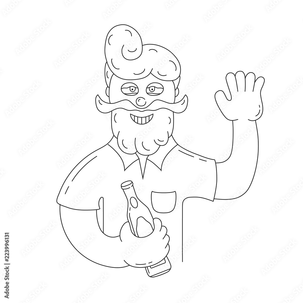 Happy drunken man with a bottle of beer in outline. Vector isolated illustration.