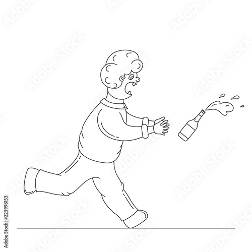 Funny drunken man running after a spilled bottle of beer. Guy with a panic face. Vector isolated illustration.