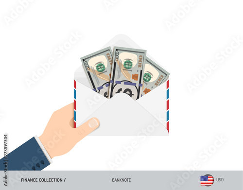 100 US Dollar Banknotes in envelope hold in hand. Flat style opened white envelope with cash. Salary payout or corruption concept.