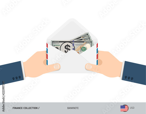 100 US Dollar Banknotes in envelope hold in hand. Flat style opened white envelope with cash. Salary payout or corruption concept.