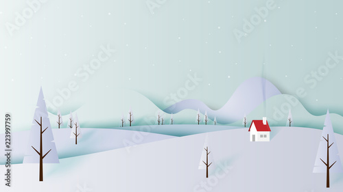 Winter landscape scenery with house and mountains paper art style design.Vector illustration.