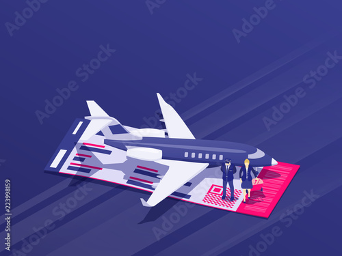 Pilot and stewardess stand near the plane. Private Jet Charter Flights. Air travel flat 3d isometric design concept. Banner for advertisement and website. Passenger Aircraft. Raster image