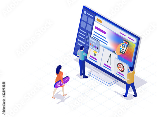 Constructor of web pages and websites. People in the flat 3d isometric style are working on creating the site. Easy to edit and customize. Modern template for website design. Bitmap image
