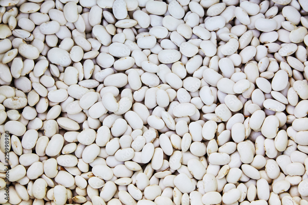 Haricot, white pea, raw common beans, white kidney  beans texture background or pattern. Raw legume food.