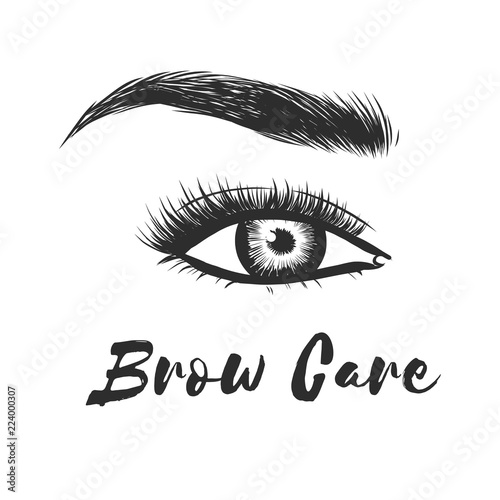 Beauty care. Beautiful hand drawing eyebrows for the logo of the master on the eyebrows and microblading master. Business card template. Lady stylish eye and brows with full lashes