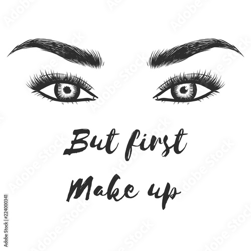 Lady stylish eye and brows with full lashes. Illustration with woman's eye wink, eyebrows and eyelashes. Makeup Look. Tattoo design. Logo for brow bar or lash salon