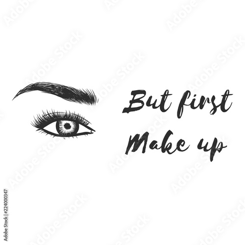 Lady stylish eye and brows with full lashes. Illustration with woman's eye wink, eyebrows and eyelashes. Makeup Look. Tattoo design. Logo for brow bar or lash salon